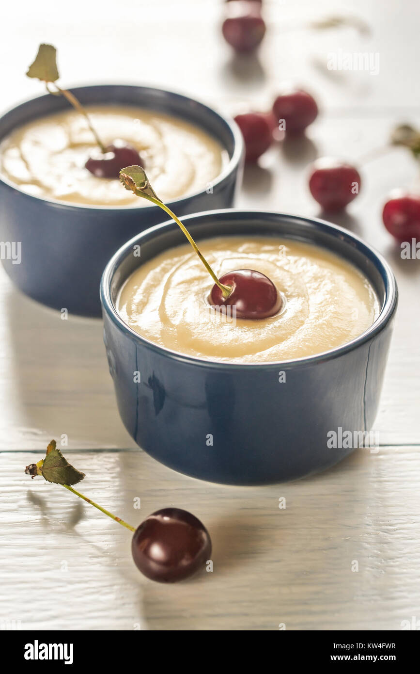 Custard with cherries Stock Photo