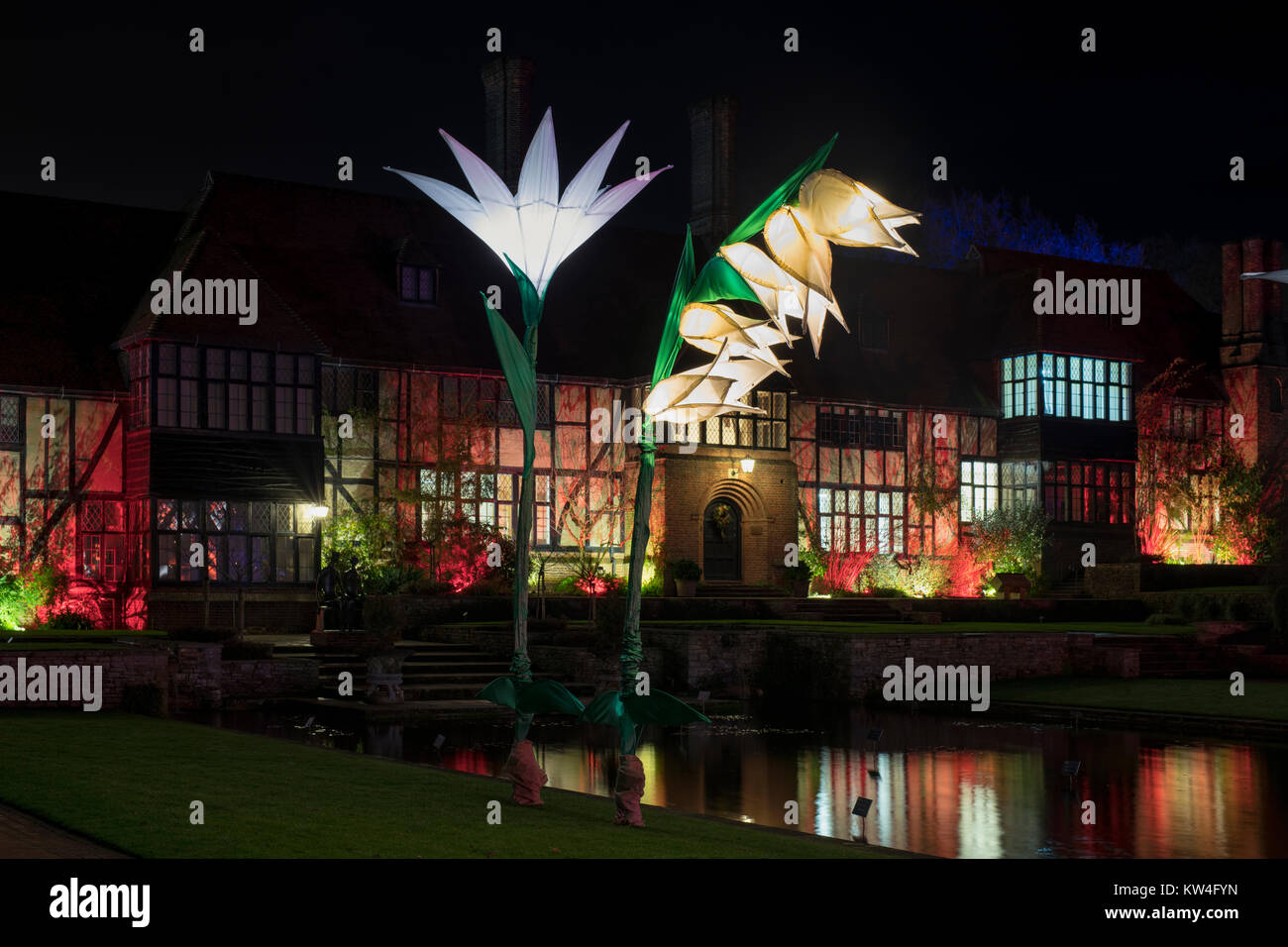 Christmas lights and lit up flower decorations outside the Laboratory building. RHS Wisley gardens, Surrey, England. Christmas Glow Festival 2017 Stock Photo