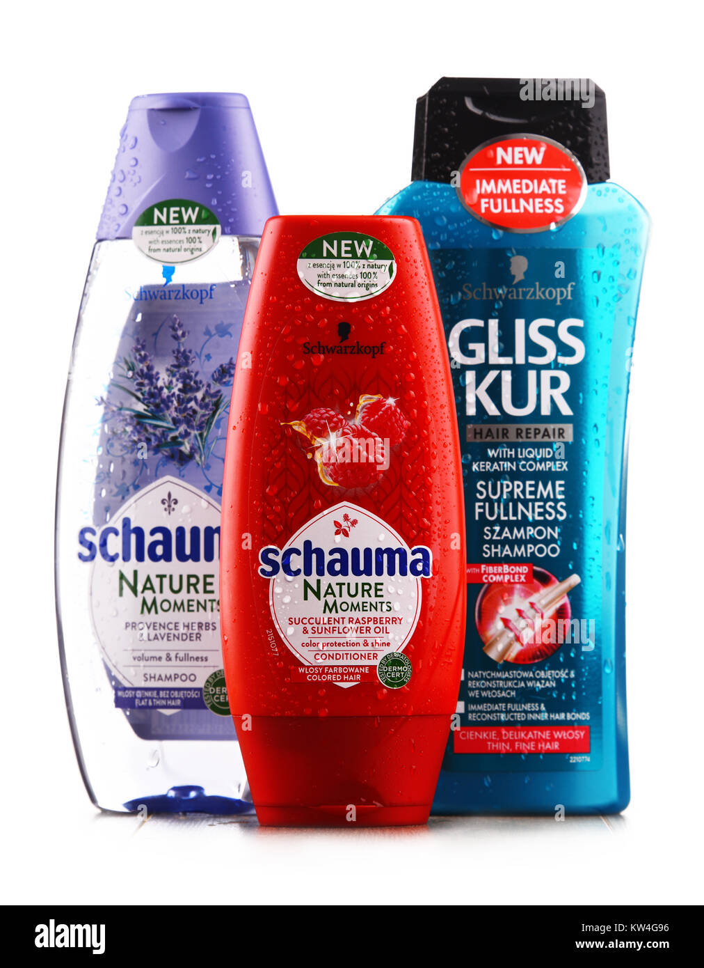 POZNAN, POLAND - DEC 7, 2017: Bottles of Schwarzkopf products, popular brand of first liquid shampoo developed by German chemist Hans Schwarzkopf in 1 Stock Photo