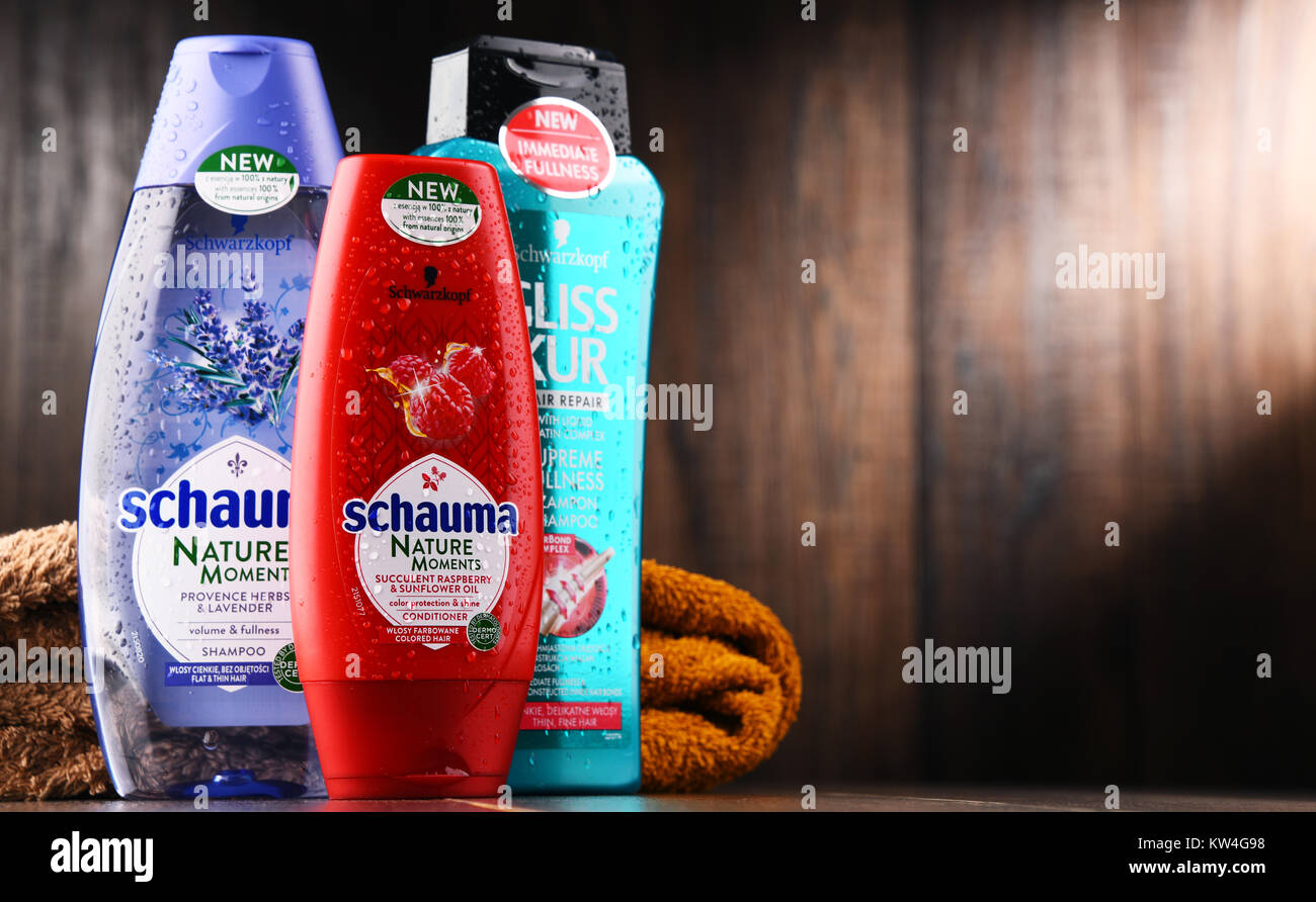 POZNAN, POLAND - DEC 7, 2017: Bottles of Schwarzkopf products, popular brand of first liquid shampoo developed by German chemist Hans Schwarzkopf in 1 Stock Photo