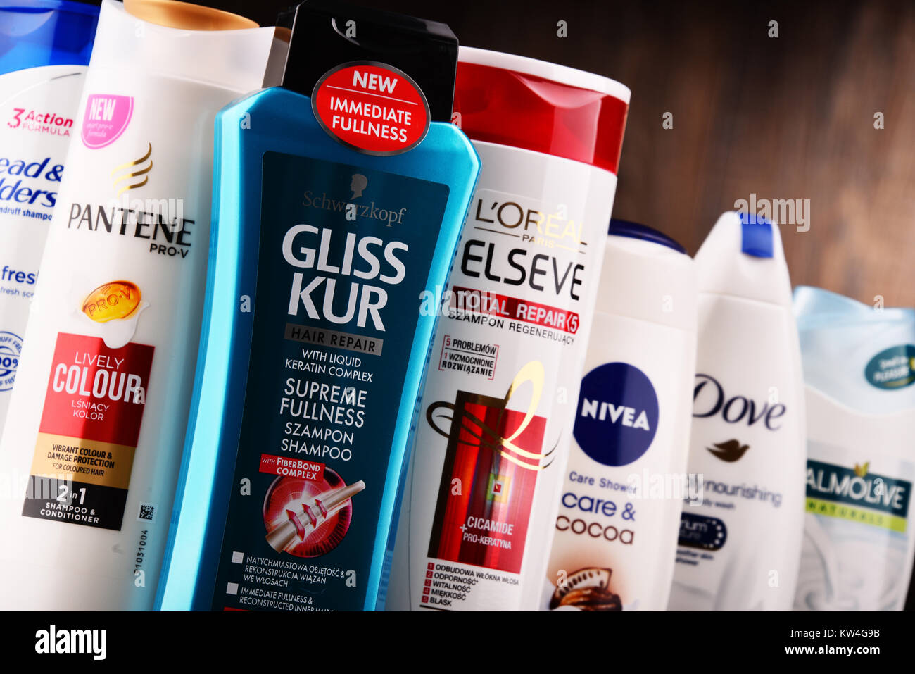 POZNAN, POLAND - DEC 7, 2017: Plastic containers of body care products including widely available most popular global brands as LOreal, Nivea, Dove, P Stock Photo