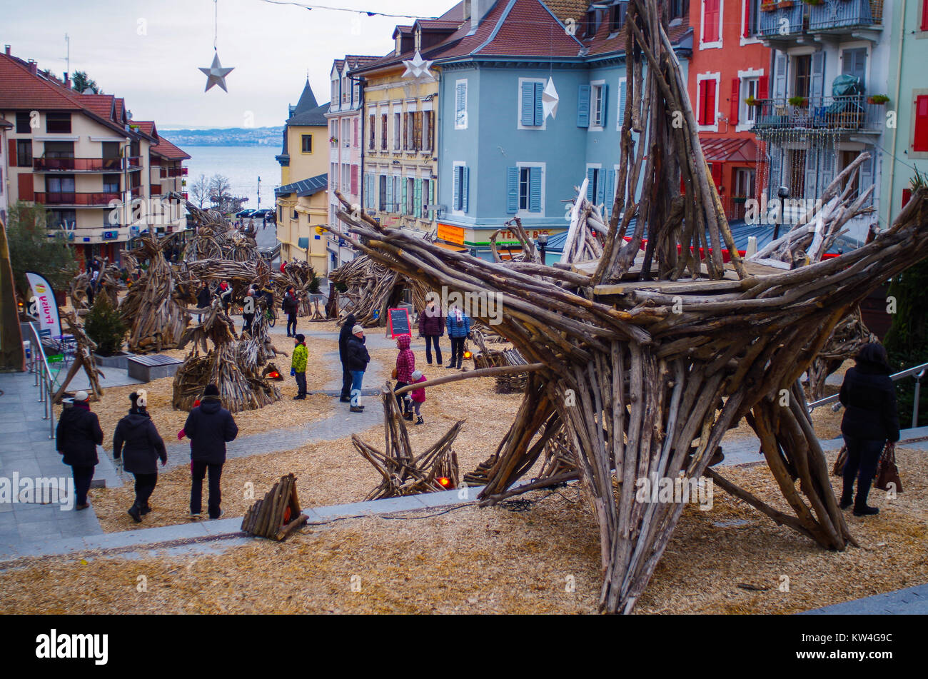 Évian-les-Bains, France, 29th Dec,  2017.  Town is filled with wood scultures for the exhibition of le fabuleux village or la legende des flottins Stock Photo