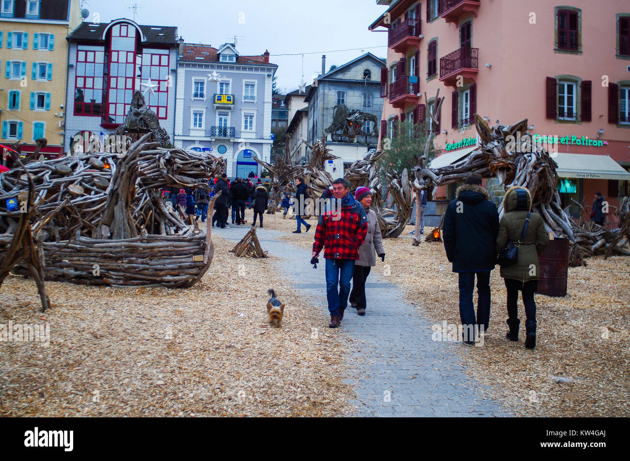 Évian-les-Bains, France, 29th Dec,  2017.  Town is filled with wood scultures for the exhibition of le fabuleux village or la legende des flottins Stock Photo