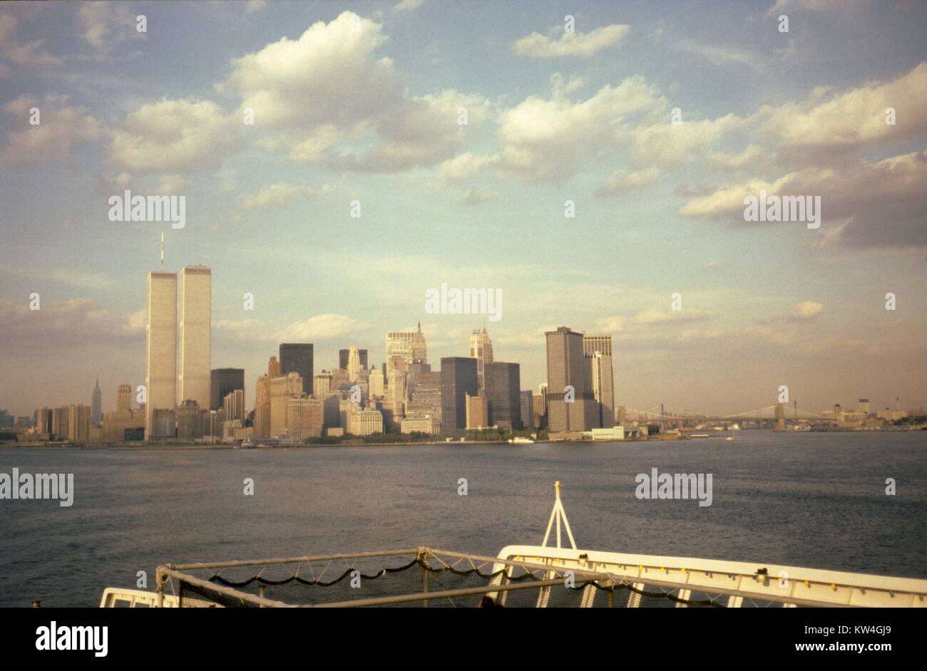 The twin towers of the World Trade center, viewed from the aft deck of the Cunard Line's Queen Elizabeth 2 cruise ship, New York City, New York, 1975. Stock Photo