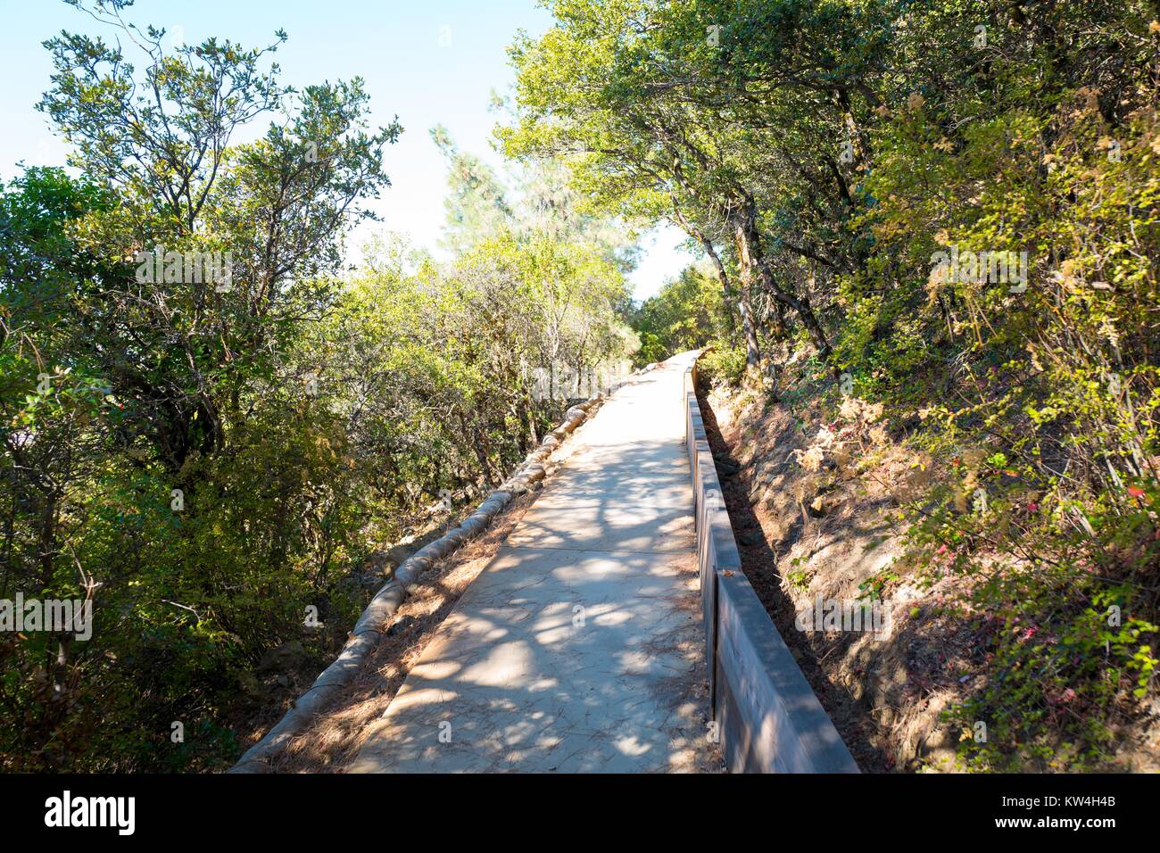 Paved, handicap accessible portion of the Mary Bowerman Trail at the summit of Mount Diablo, August 13, 2016. Mount Diablo is the highest peak in the San Francisco Bay Area, and has one of the largest viewsheds of any mountain in the Western United States. Stock Photo