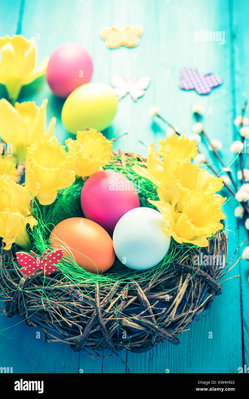 Bird nest with Easter eggs in vibrant pastel colors Stock Photo - Alamy