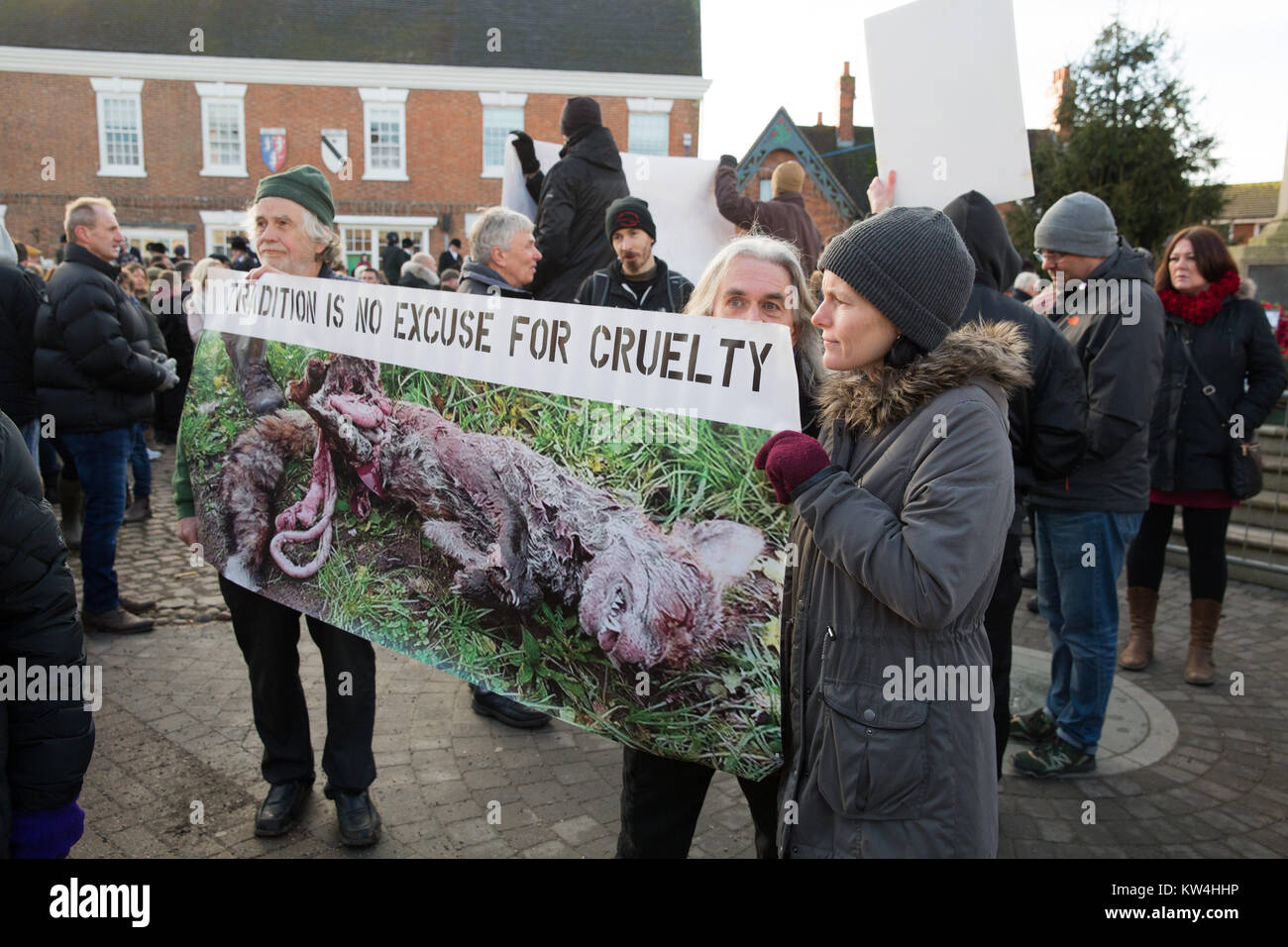 Hunt protestors at the Boxing Day Hunt meeting of the Atherstone Hunt in Market Bosworth, Leicestershire Stock Photo
