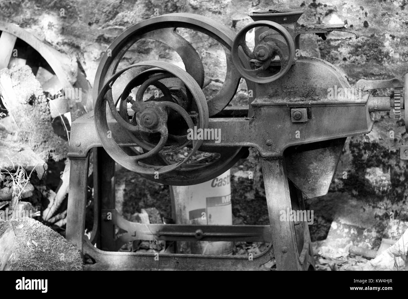 Antique piece of machinery in black & white Stock Photo
