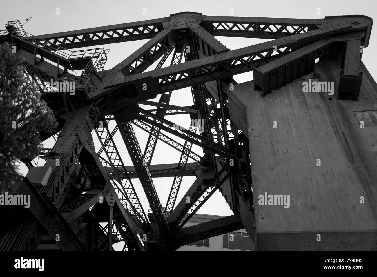 Counterweight and metal braces for the historic 3rd Street bridge, originally built in 1933, in the China Basin neighborhood of San Francisco, California, August 21, 2016. Stock Photo