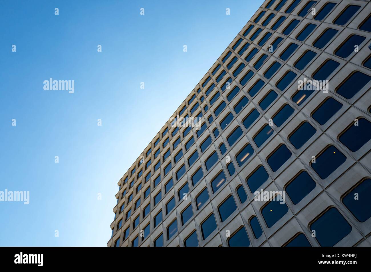 View up the side of the 444 Castro Street office building, home to business incubator 500 Startups, Redhat Inc, and several other technology companies, in the Silicon Valley town of Mountain View, California, August 24, 2016. Stock Photo