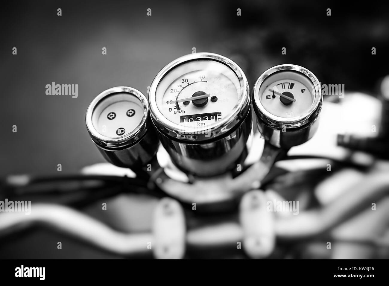 Motorcycle speedometer. Vintage motorbike. Devices on a steering