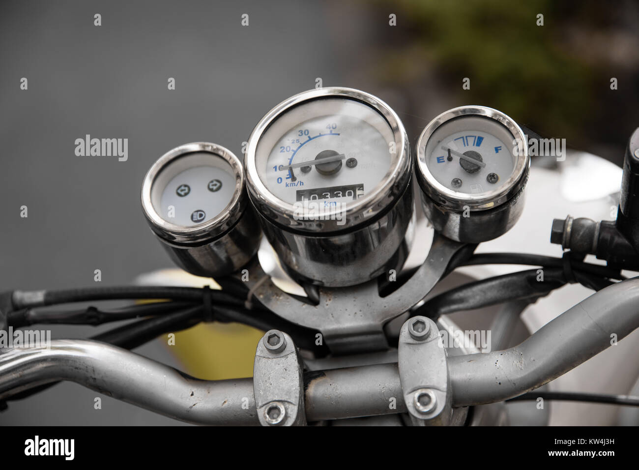 Vintage motorbike. Devices on a steering bracket on the old bike Stock Photo - Alamy