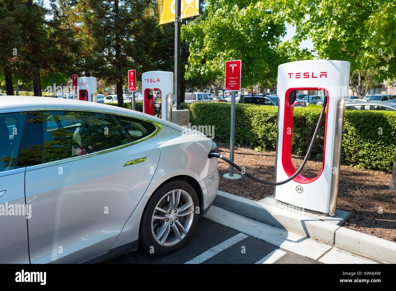 Tesla automobile plugged in and charging a Supercharger rapid battery  charging station for the electric vehicle company Tesla Motors, in the  Silicon Valley town of Mountain View, California, August 24, 2016 Stock