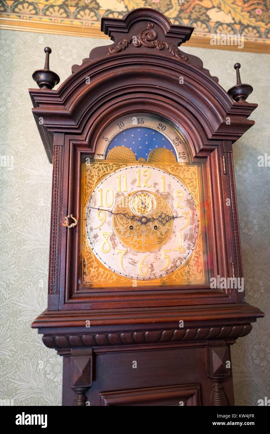 Detail view of grandfather clock at the Rengstorff House, a restored Victorian home and one of the first houses built in the Silicon Valley town of Mountain View, California, August 24, 2016. Stock Photo