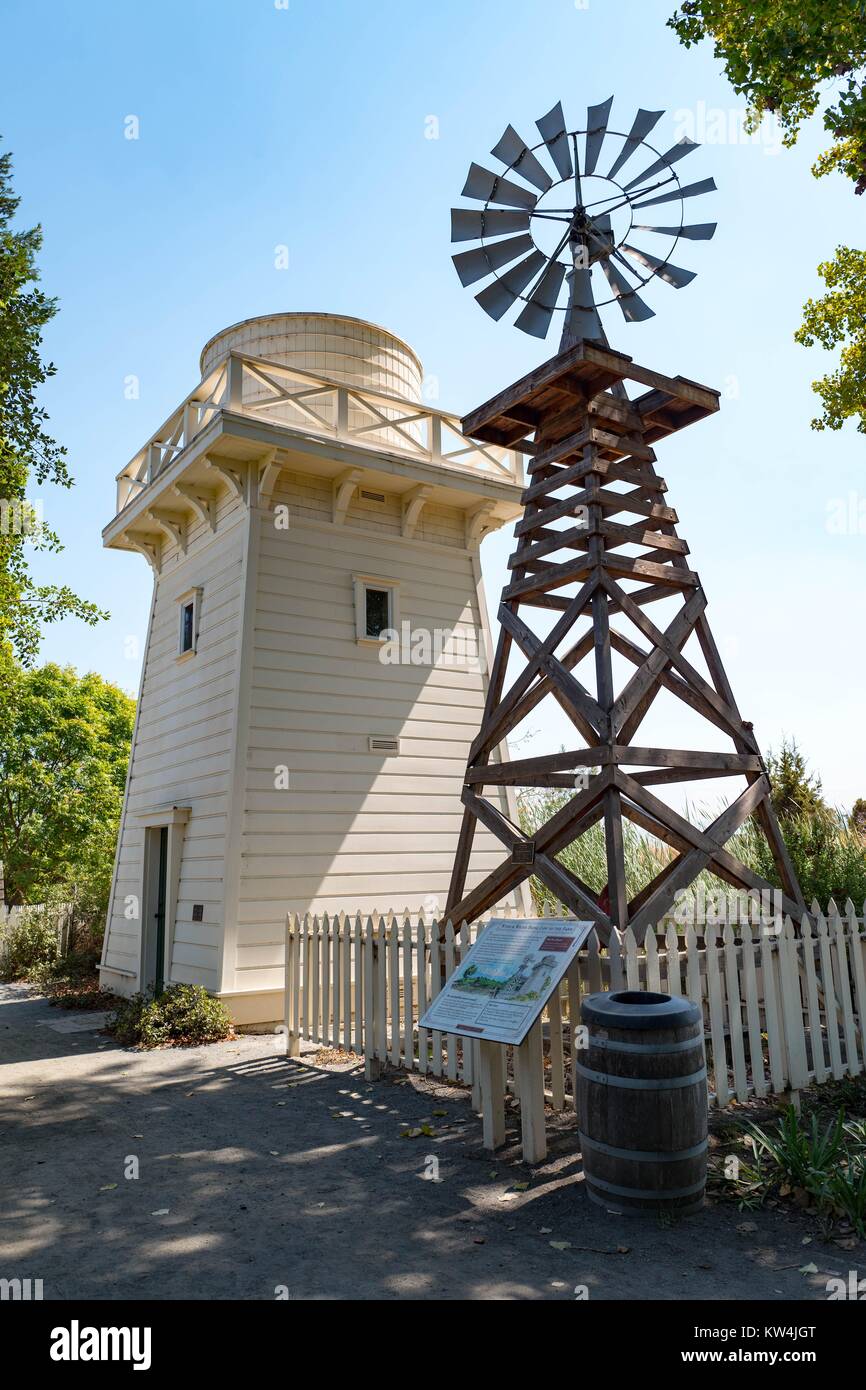 Windmill and tank house at the the Rengstorff House, a restored Victorian home and one of the first houses built in the Silicon Valley town of Mountain View, California, August 24, 2016. Stock Photo