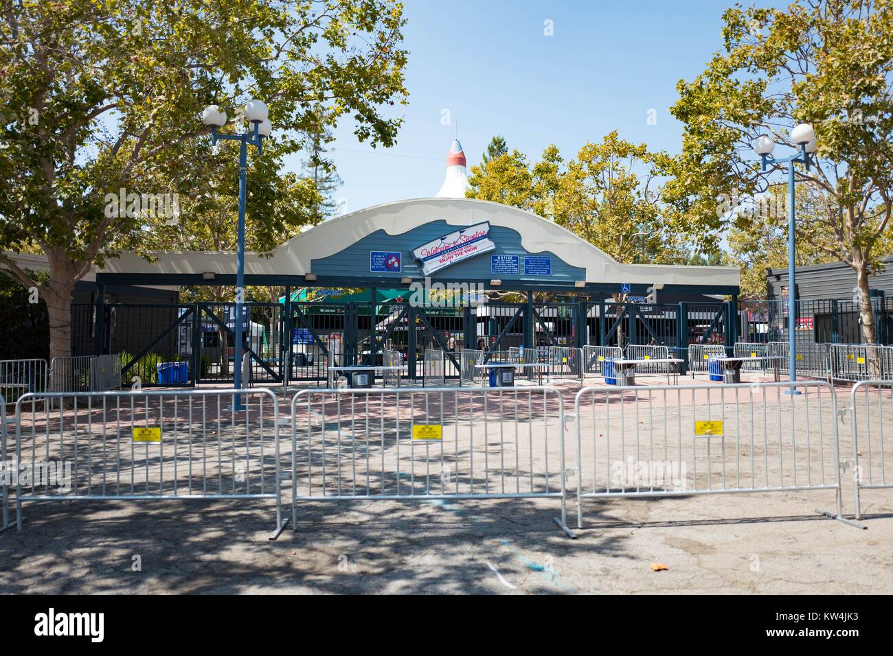Entry gates at the Shoreline Amphitheatre, a popular concert venue in the Silicon Valley town of Mountain View, California, August 24, 2016. Stock Photo