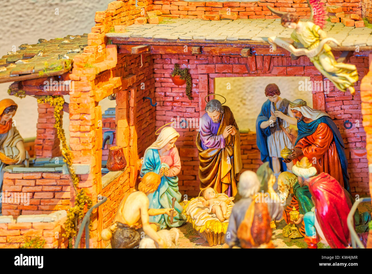 Christmas Nativity scene with The Three Wise Men visiting The Holy ...