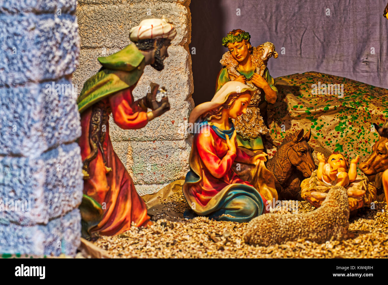 Christmas Nativity scene with shepherd and one of The Three Wise Men ...