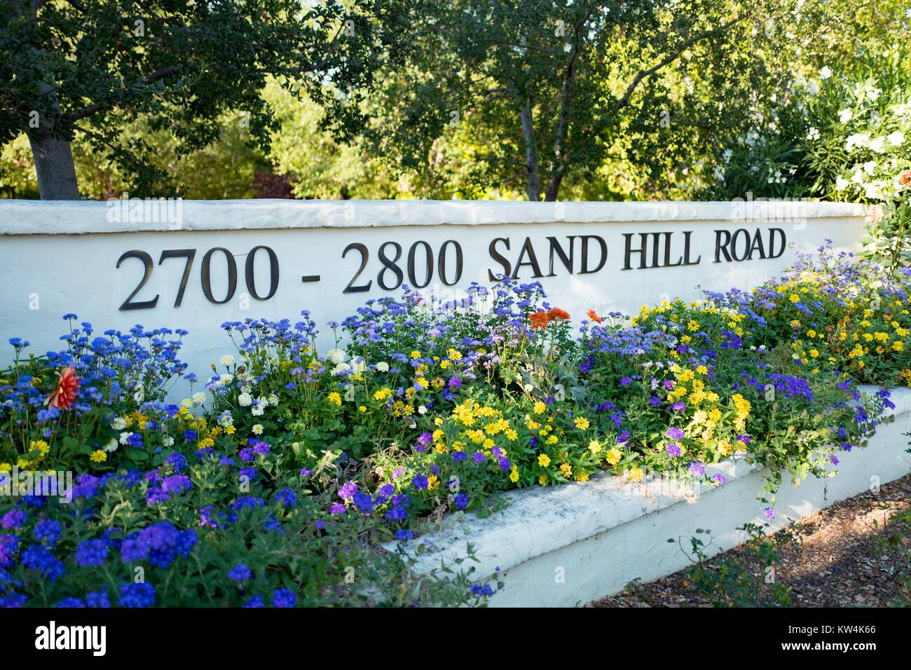 Signage for 2700-2800 Sand Hill Road, with flowers, the headqurters of venture capital investment firms including Sequoia Capital and Kleiner Perkins Caufield Byers, in the Silicon Valley town of Menlo Park, California, August 25, 2016. In Silicon Valley culture, 'Sand Hill Road' is used as a metonym for the venture capital industry, as many prominent venture capital firms have offices along the road. Stock Photo
