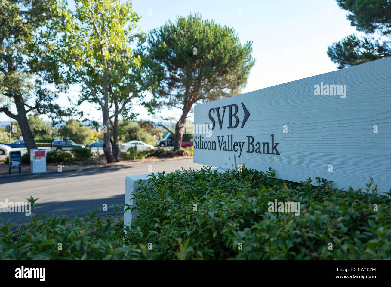 Signage for hightech commercial bank Silicon Valley Bank, on Sand Hill