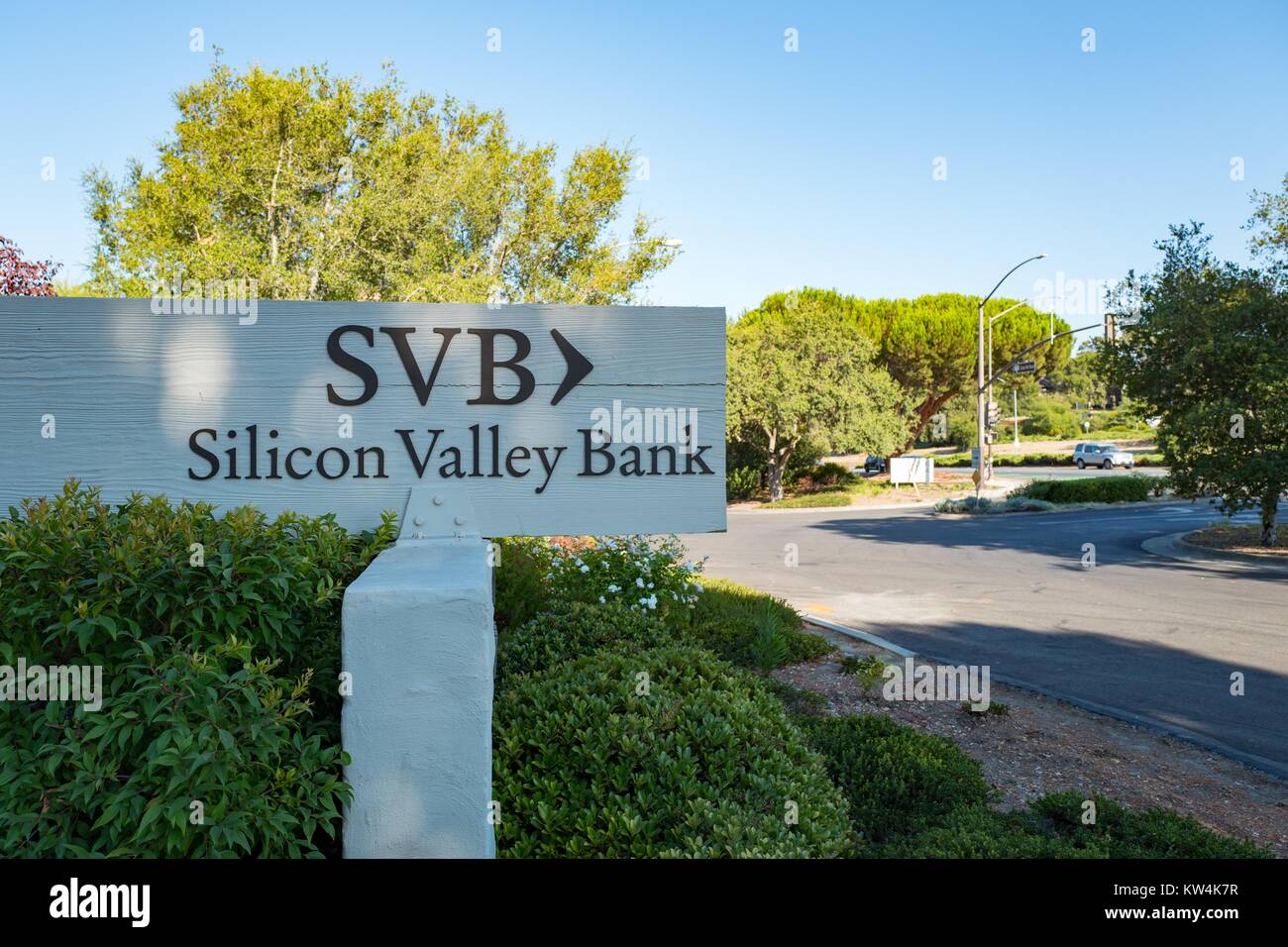 Signage for high-tech commercial bank Silicon Valley Bank, on Sand Hill Road in the Silicon Valley town of Menlo Park, California, August 25, 2016. Stock Photo