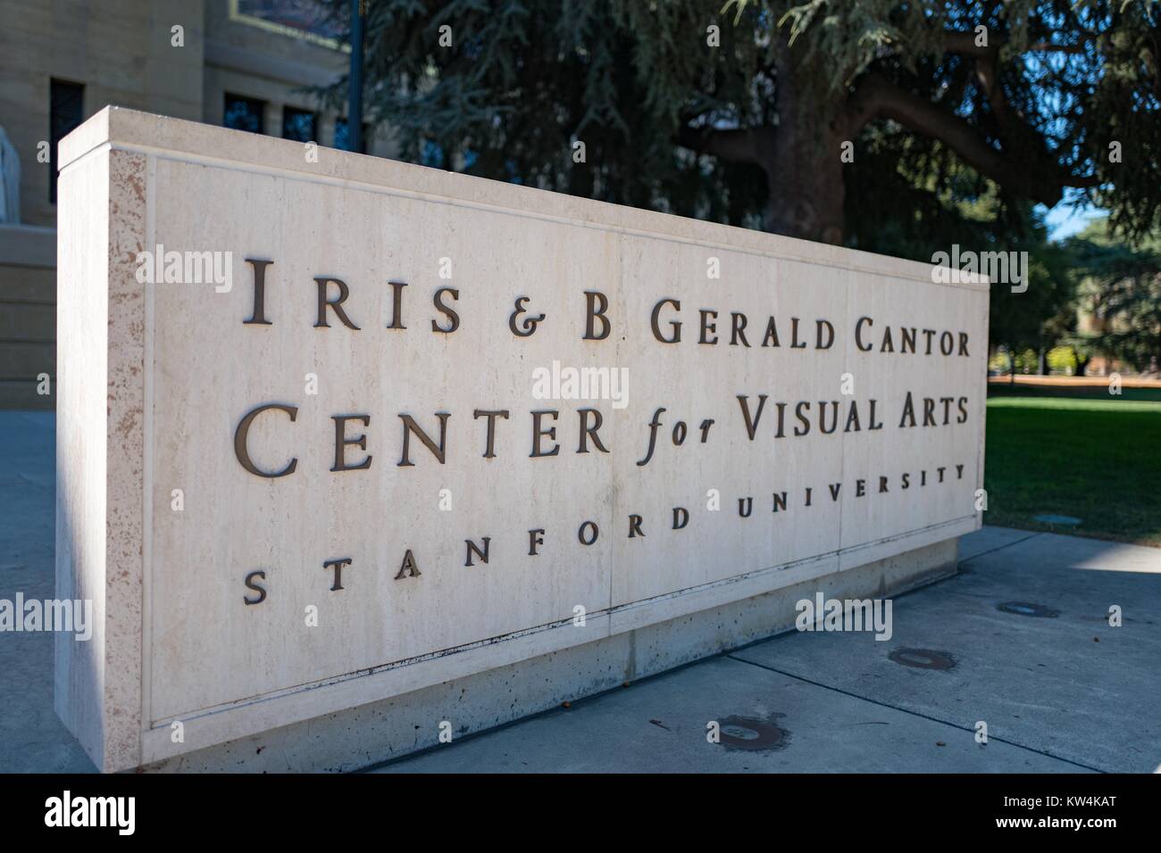 Signage at entrance to Cantor Arts Center, formerly the Leland Stanford Junior Museum, with full name reading 'Iris and B Gerald Cantor Center for Visual Arts' on the campus of Stanford University in the Silicon Valley town of Palo Alto, California, August 25, 2016. Stock Photo