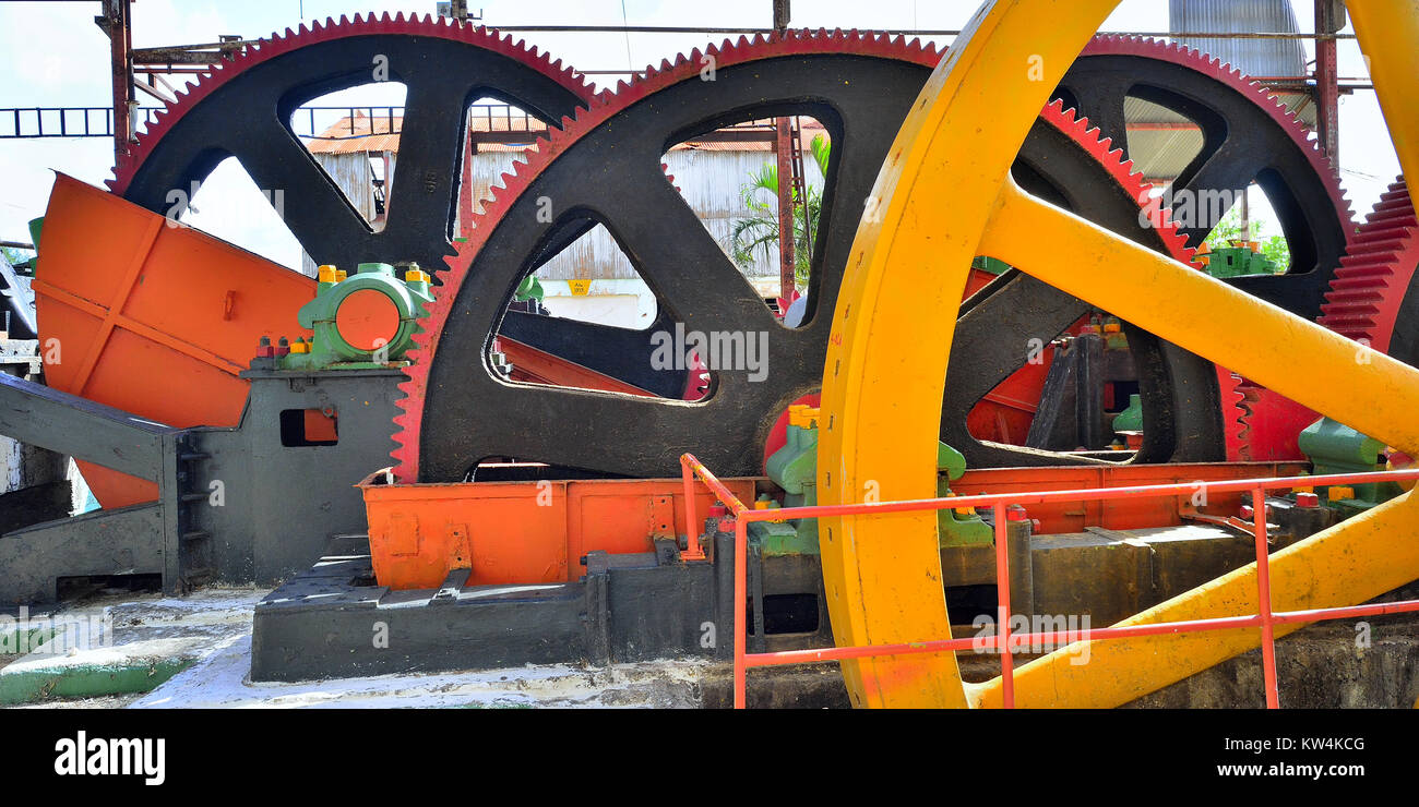 Mechanical press for sugar cane, Cuba. Huge gears.Machine for getting juice from sugar cane mill. Stock Photo