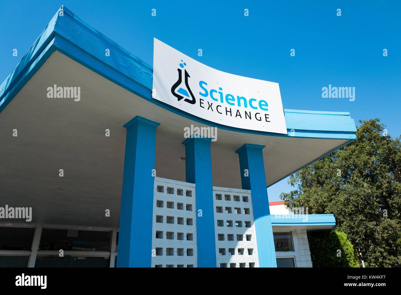 Logo and signage at headquarters of Science Exchange, a startup which allows researchers to outsource scientific experiments, in the Silicon Valley town of Palo Alto, California, August 25, 2016. Stock Photo
