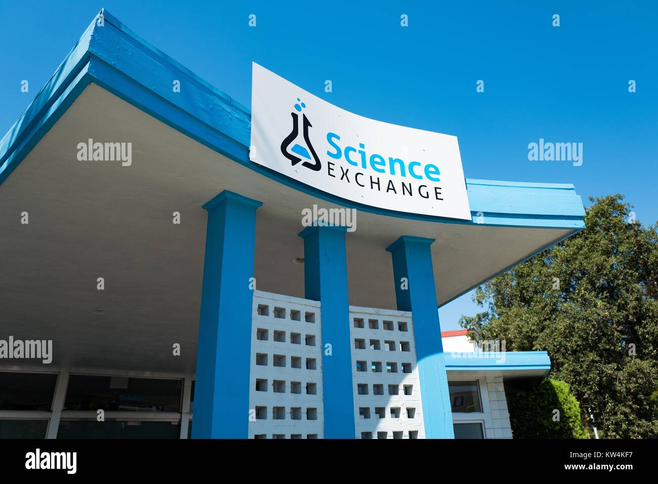 Logo and signage at headquarters of Science Exchange, a startup which allows researchers to