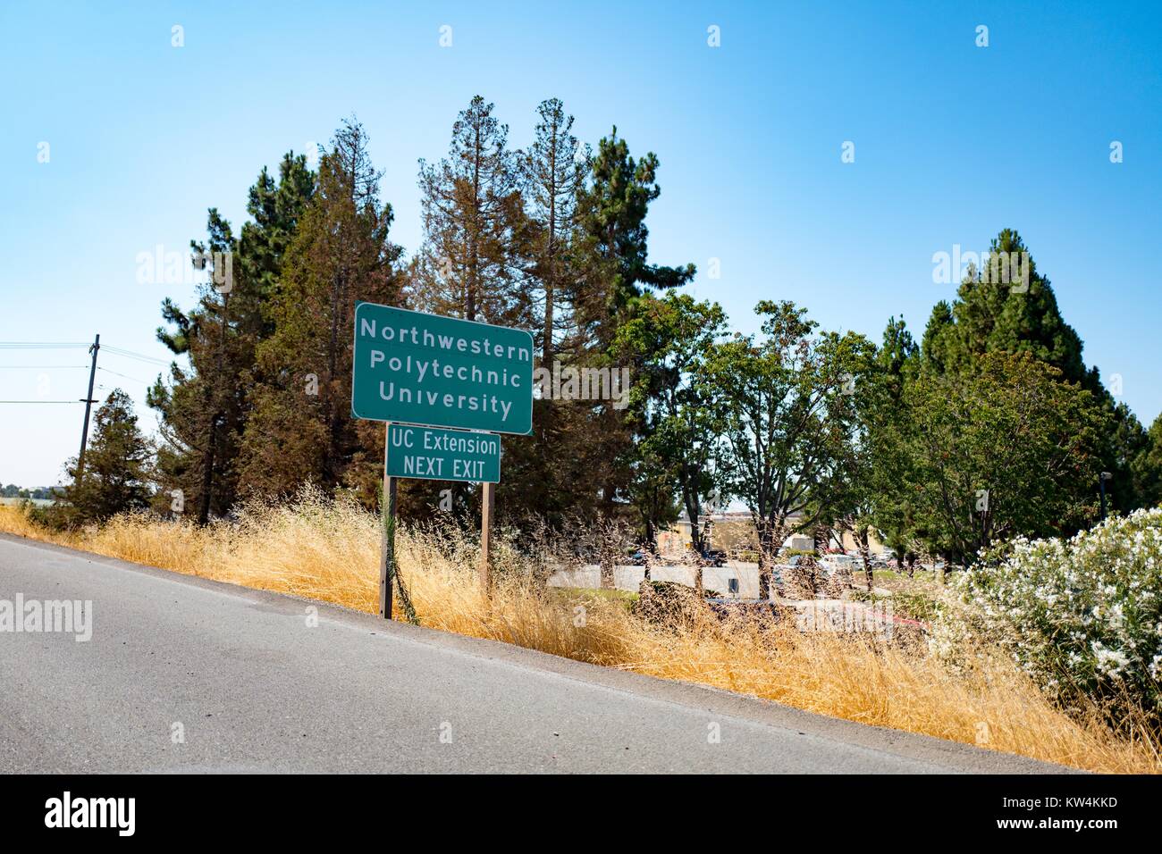 Road sign for Northwestern Polytechnic University, a non-profit university in the Silicon Valley town of Fremont, California, August 25, 2016. Stock Photo