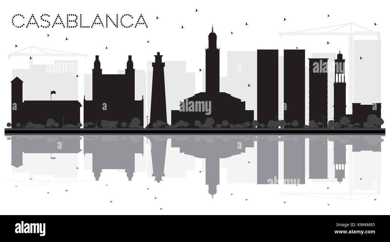 Casablanca Morocco City skyline black and white silhouette with Reflections. Vector illustration. Business travel concept. Casablanca Cityscape Stock Vector