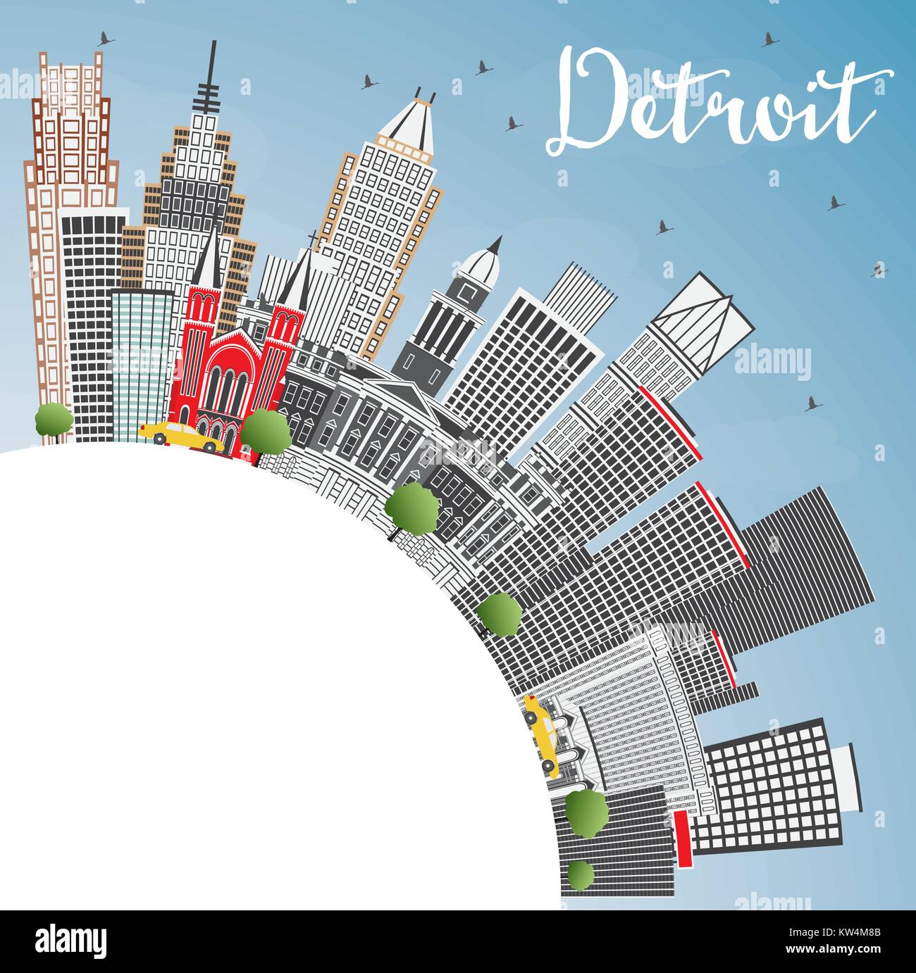 Detroit Michigan USA City Skyline with Gray Buildings, Blue Sky and Copy Space. Vector Illustration. Business Travel and Tourism Concept Stock Vector