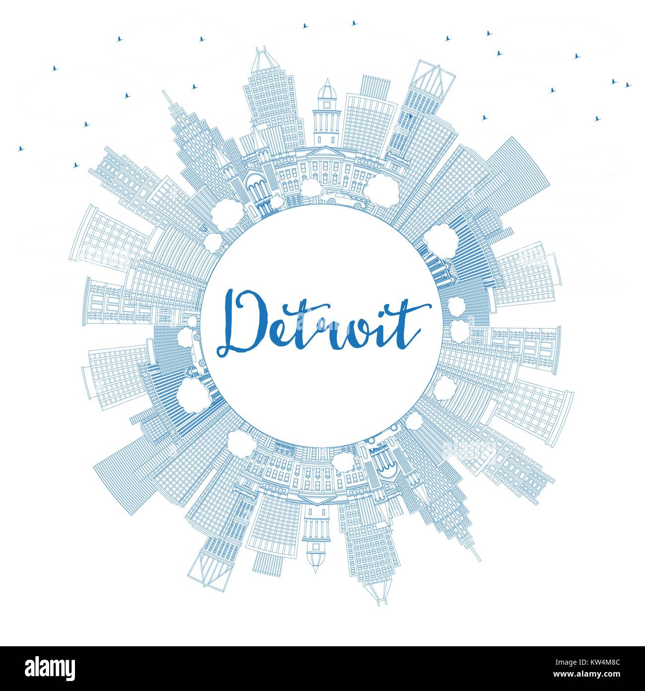 Outline Detroit Michigan USA City Skyline with Blue Buildings and Copy Space. Vector Illustration. Business Travel and Tourism Concept Stock Vector