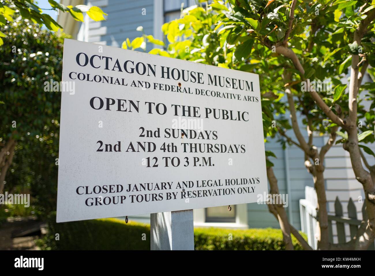 Signage for the Octagon House Museum, in the Octagon House, a Victorian era architectural landmark in the Cow Hollow neighborhood of San Francisco, California, August 28, 2016. Stock Photo