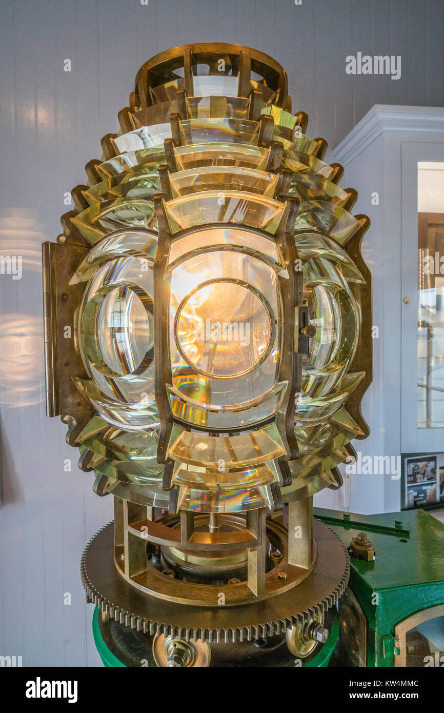 Fresnel lens, San Luis Point Lighthouse. A Fresnel lens is a type of compact lens originally developed by French physicist Augustin-Jean Fresnel for l Stock Photo
