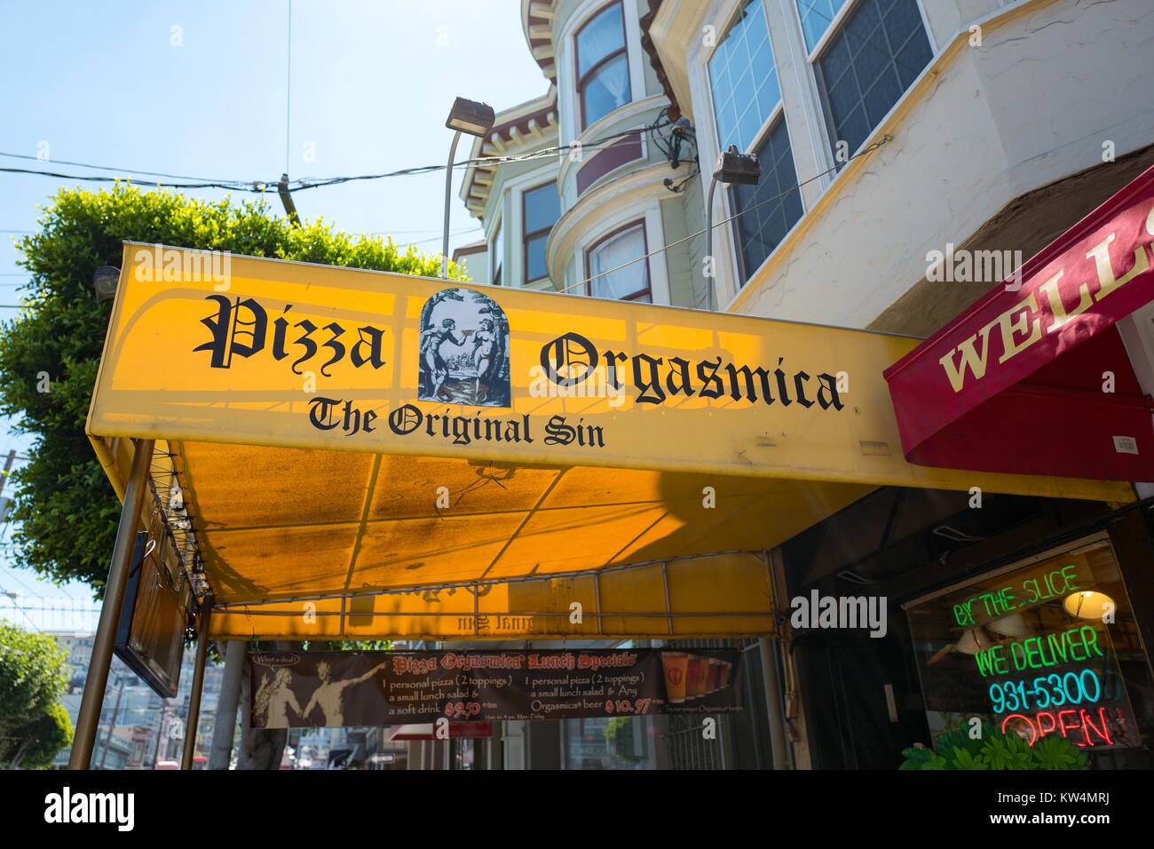 Signage for Pizza Orgasmica, a comically named pizza restaurant in the Cow  Hollow neighborhood of San Francisco, California, August 28, 2016 Stock  Photo - Alamy