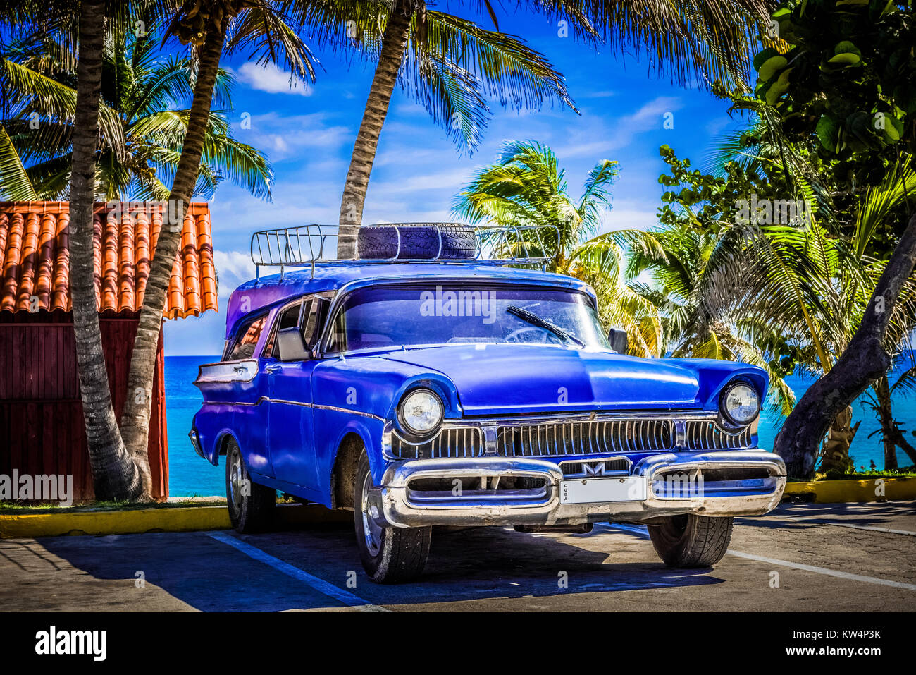 American blue Mercury classic car parked on the beach in Varadero Cuba - Serie Cuba Reportage Stock Photo