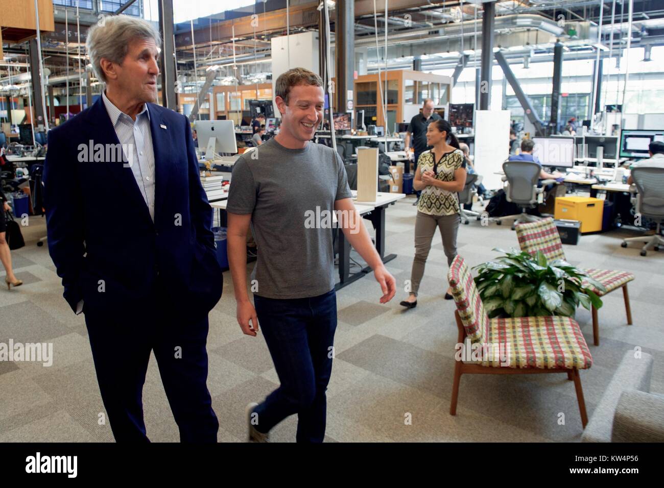 US Secretary of State John Kerry receiving a tour of Facebook headquarters from founder Mark Zuckerberg, Menlo Park, California, June 23, 2016. Image courtesy US Department of State. Stock Photo