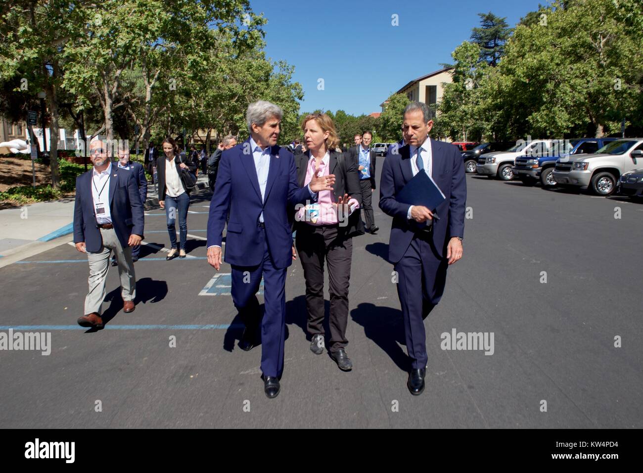 US Secretary of State John Kerry walking with US Chief Technology Officer Megan Smith and US Under Secretary of State for Public Diplomacy and Public Affairs Rick Stengel, Palo Alto, California, June 23, 2016. Image courtesy US Department of State. Stock Photo