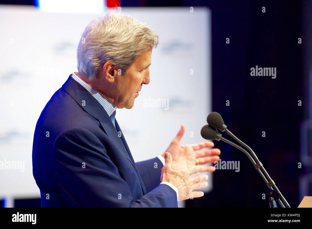 US Secretary of State John Kerry delivering opening remarks at the Global Entrepreneurship Summit, Palo Alto, California, June 23, 2016. Image courtesy US Department of State. Stock Photo