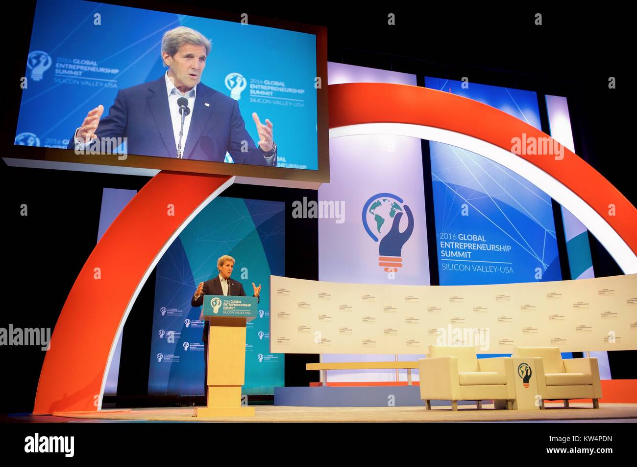 US Secretary of State John Kerry delivering remarks at the Opening Plenary of the Global Entrepreneurship Summit, Palo Alto, California, June 23, 2016. Image courtesy US Department of State. Stock Photo