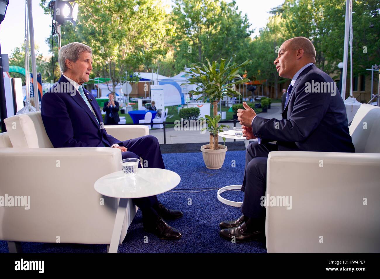 US Secretary of State John Kerry sits down with Al Jazeera Washington Bureau Chief Abderrahim Foukara for an interview after the Secretary arrived on the campus of Stanford University in Palo Alto, California, so he can attend events around the Global Entrepreneurial Summit, June 22, 2016. Image courtesy US Department of State. Stock Photo