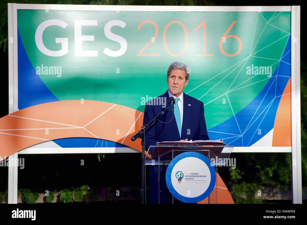 US Secretary of State John Kerry delivering welcoming remarks at the Global Entrepreneurial Summit, June 22, 2016. Image courtesy US Department of State, California. Stock Photo