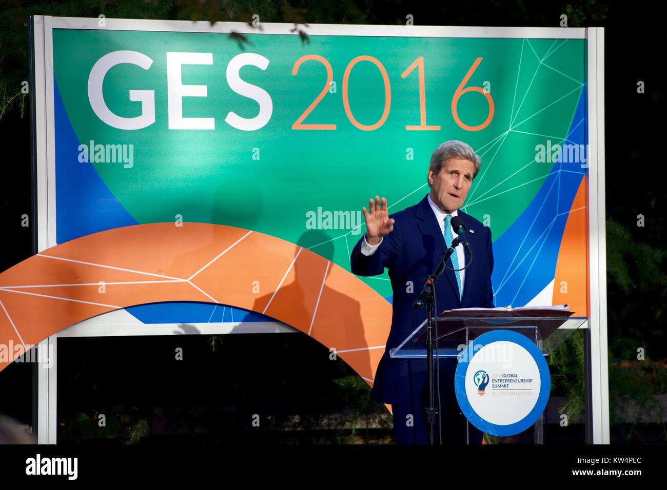 US Secretary of State John Kerry deliver welcoming remarks at the Global Entrepreneurial Summit, Palo Alto, California, June 22, 2016. Image courtesy US Department of State. Stock Photo