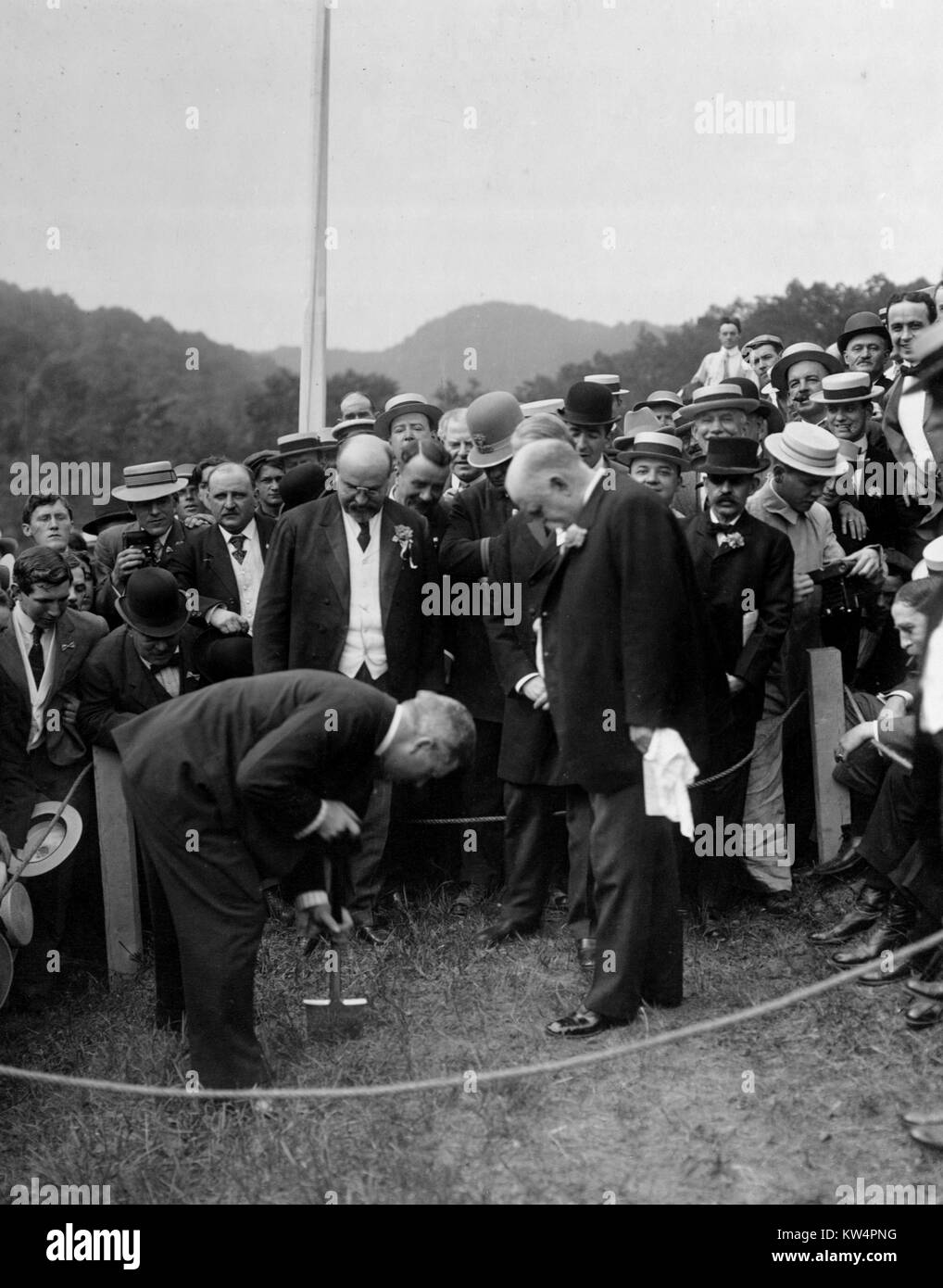 Mayor George B McClellan turning the first sod at Indian brook at the ceremonies celebrating the inauguration of construction work on the Catskill Aqueduct, June 20, 1907. From the New York Public Library. Stock Photo