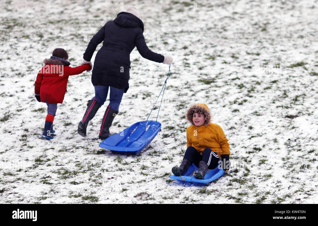 Pic shows Snow hits Yorkshire. Fun in the snow sledging and throwing