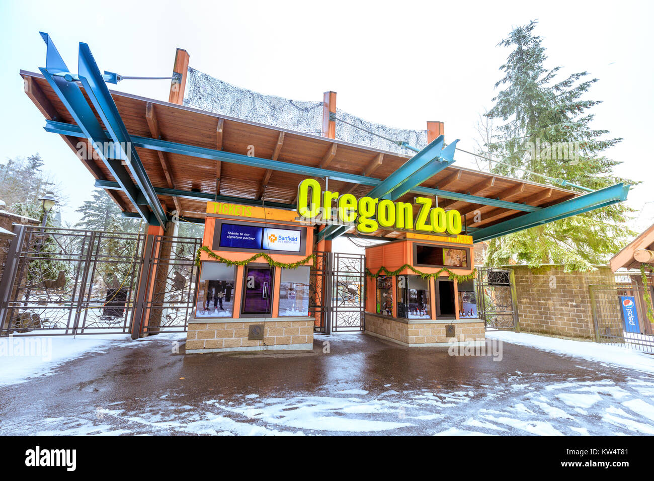 Portland, Oregon, United States - Dec 25, 2017 : The entrance of Oregon Zoo in Washington Park station at winter season Stock Photo