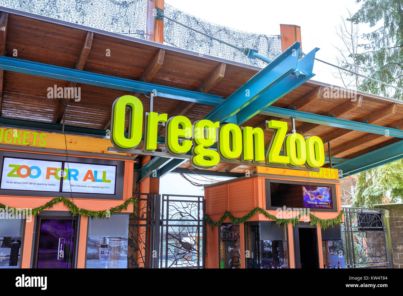 Portland, Oregon, United States - Dec 25, 2017 : The entrance of Oregon Zoo in Washington Park station at winter season Stock Photo