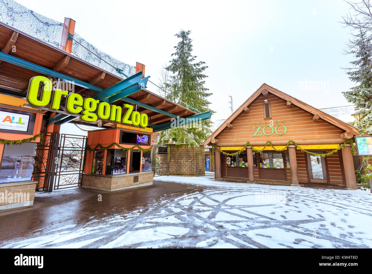 Portland, Oregon, United States - Dec 25, 2017 : The entrance of Oregon Zoo in Washington Park station at winter season Stock Photo