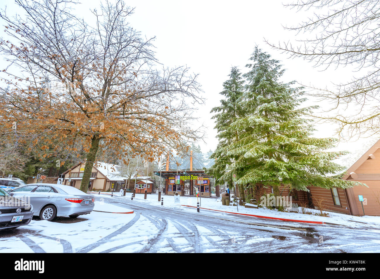 Portland, Oregon, United States - Dec 25, 2017 : The entrance of Oregon Zoo in Washington Park station at winter season Stock Photo